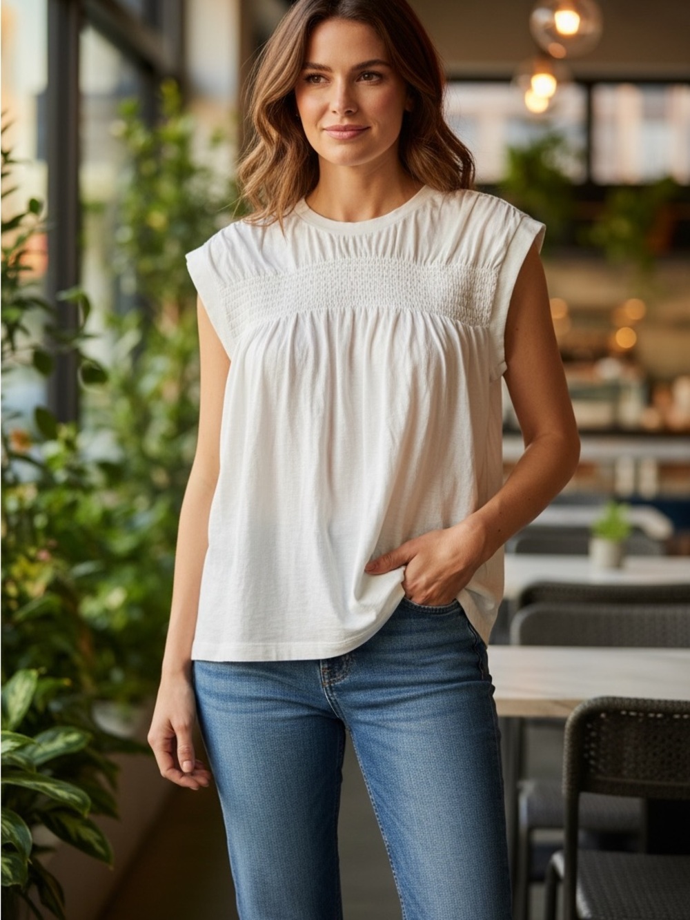 Anthropologie White Smocked Yoke Tank Top